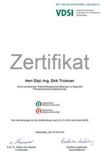 Dipl.-Ing. Dirk Trümner, M Eng – Zertifikat des VDSI – Arbeits- und Brandschutz 2019